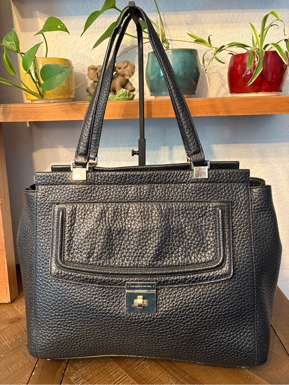 Kate Spade New York Black Pebbled Leather Turnlock Tote Shoulder Bag Large